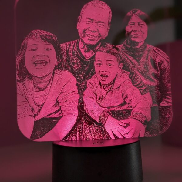 Photo of family engraved on acrylic with pink LED light