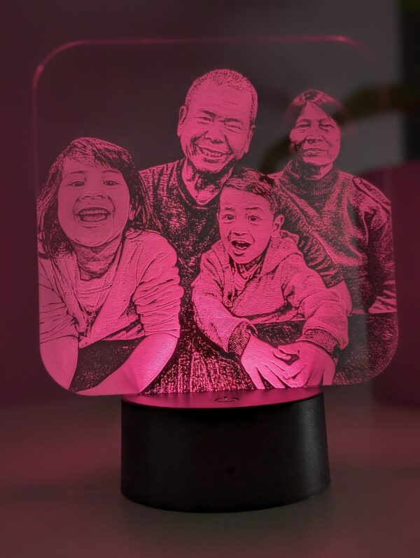 Photo of family engraved on acrylic with pink LED light